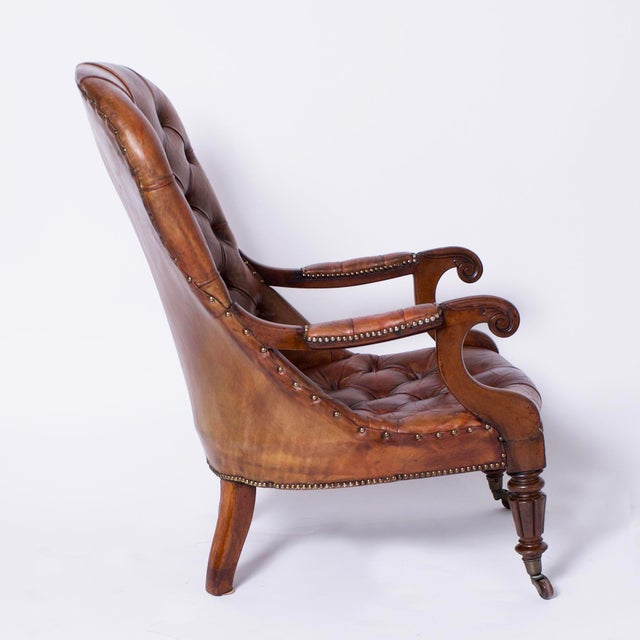 Antique Pair of English Button Tufted Leather Armchairs | Chairish