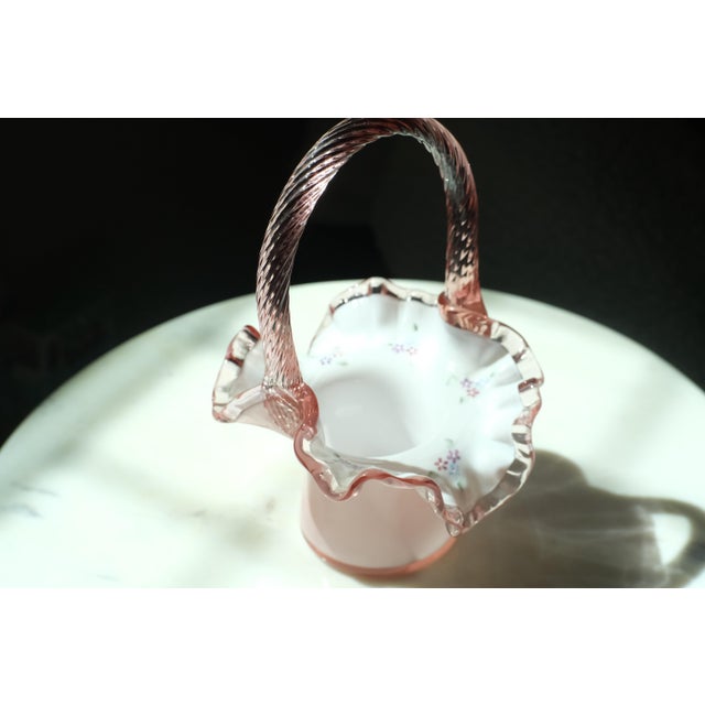 Glass 1990s Fenton Art Glass Hand Painted Signed Floral Basket Vase For Sale - Image 7 of 7