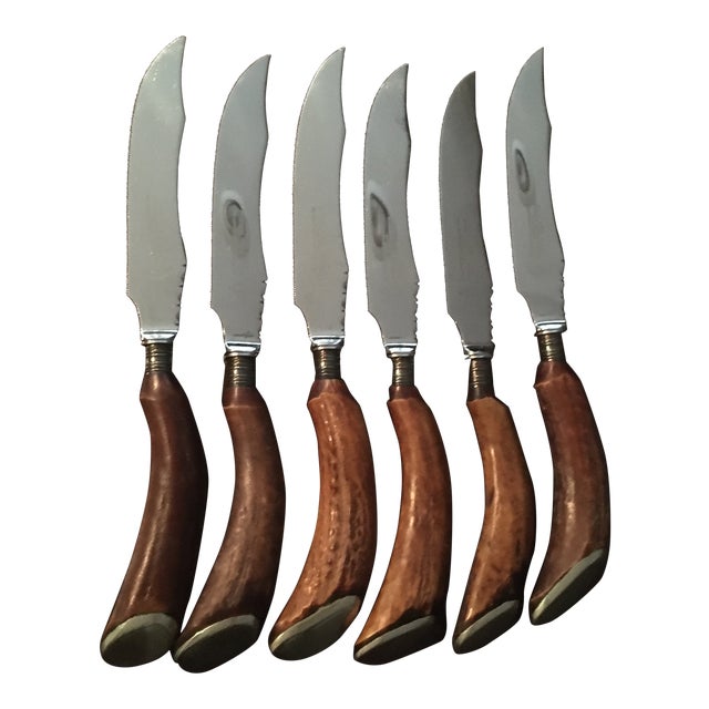 Antique Natural Antler Handled Steak Knives by Harrison Brothers and