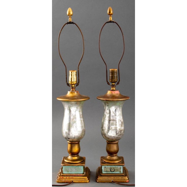 Pair of Mercury Glass Table Lamps, with floral and insect decoupage hand-painted paper and silver leaf reverse decoration,...