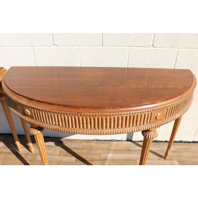 Antique 1920s Neoclassical Carved Fruitwood Demi-Lune Console Tables - Pair For Sale - Image 11 of 18