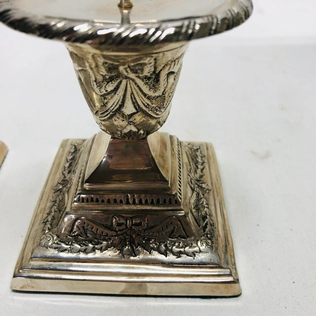 English Silverplated Candlesticks Decorated With Swags and Bows - a Pair For Sale - Image 3 of 9