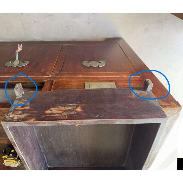 Wood Chinese Qing Dynasty Period Middle 19th Century Sideboard Cabinet, Original Hardware and Patina, Three Drawers With Secrecy, Intriguing Lock For Sale - Image 7 of 12