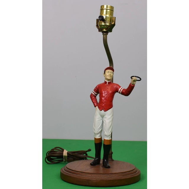 Jockey Sz: 9"H Overall Sz w/ finial: 20 1/2"H Shade Sz: 9"H x 10"D Black cloth shade w/ glass ball finial Cord length: 80"L