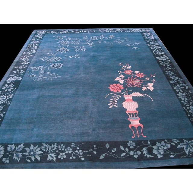 Art Deco 1920s Blue Floral Vase Design Antique Chinese Art Deco Rug 9' X 11'8" Carpet For Sale - Image 3 of 8