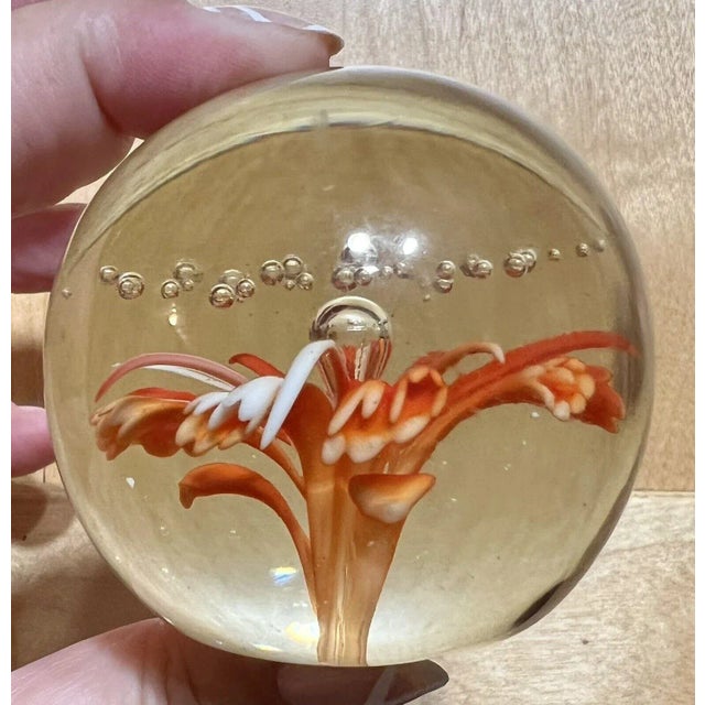 Mid-Century Orange & White Flower Bullicante Paperweight For Sale - Image 4 of 9