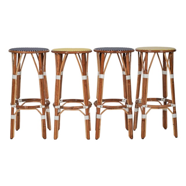 Maison Gatti Parisian Rattan Bistro Bar Stools in Navy & Yellow -Set of 4 For Sale
