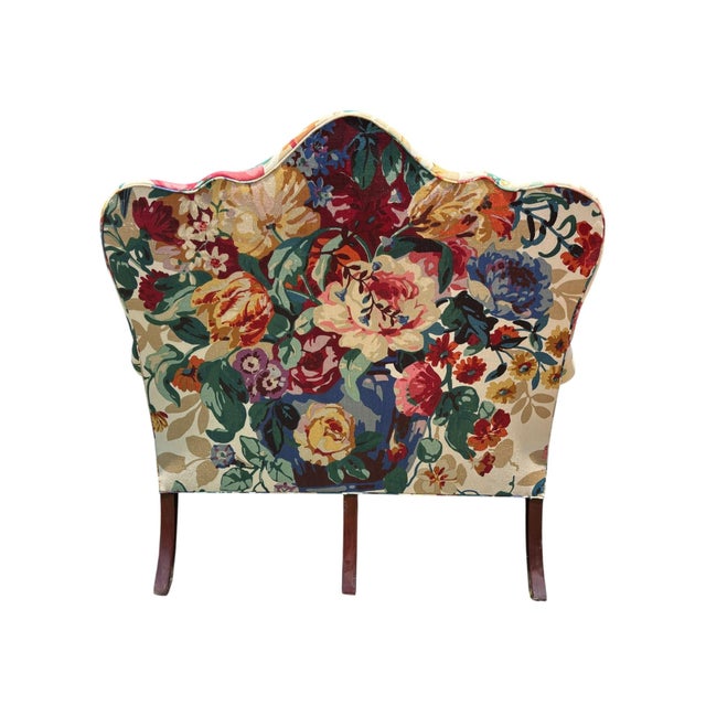 Late 20th Century Vintage Queen Anne Style Floral Linen Fabric Wingback Love Seat For Sale - Image 5 of 11