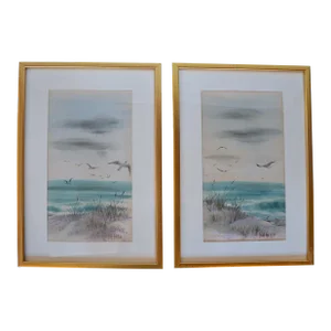 1980s Seascape Watercolor Paintings Signed David Norton, Framed - Set of 2