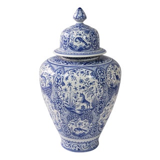 Large Portuguese Hand Painted Ceramic Lidded Vase, 2010s For Sale