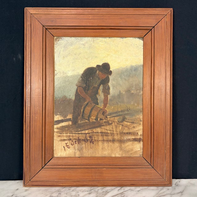 Atmospheric French oil impressionist antique painting dated October 15, 1902, depicting a vineyard worker with a...