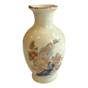 Miniature Vintage White Ceramic Asian Vase With Floral Details