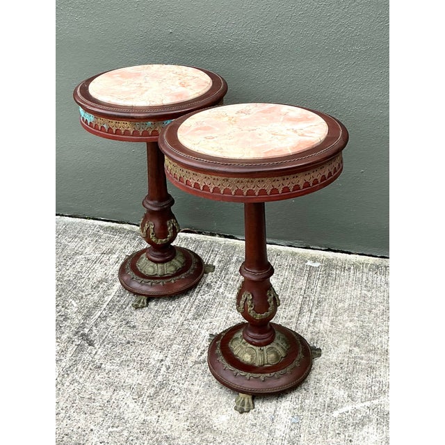 Vintage Regency Ormolu Pedestal Table With Inset Marble - Set of 2 For Sale - Image 9 of 12