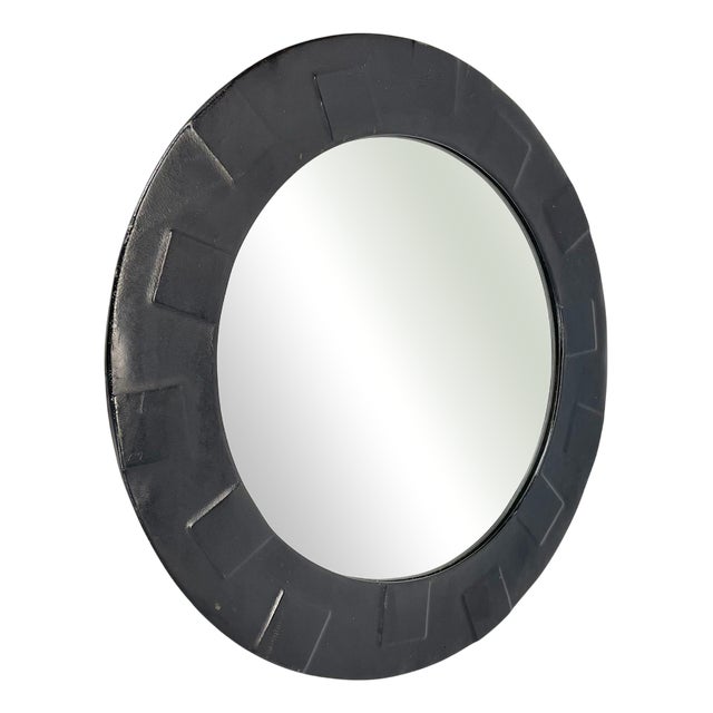 Vintage Wall Mirror with Leather and Pattern, 1950s For Sale