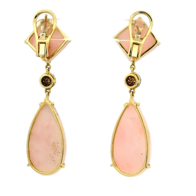 1980s Vintage 1980s 18k Gold Pink Coral and Diamond Drop Earrings, Pair For Sale - Image 5 of 11