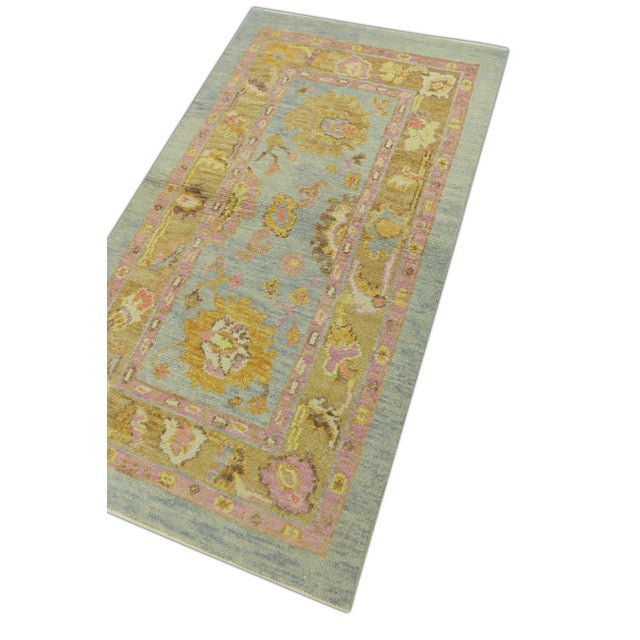 Blue & Pink Handwoven Turkish Oushak Rug 2'10" X 5' For Sale - Image 4 of 5