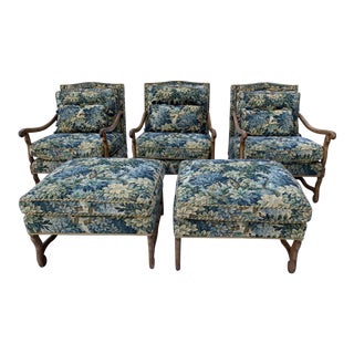 Minton-Spidell Louis XIII Muttonbone Lounge Chairs and Ottomans - a Set or Separately For Sale