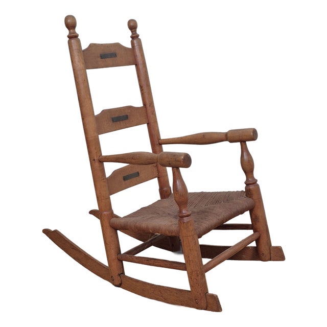 Late 19th Century Antique Hubbard Childrens Wood Ladder-Back Rush Seat Rocking Chair Rocker For Sale