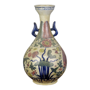 Chinese Vintage Ceramic Vase,Ming Dynasty Jiajing Marked Blue and White Famille Verte Porcelain Yuhuchun Vase Hand Painted Lotus and Fish Pattern
