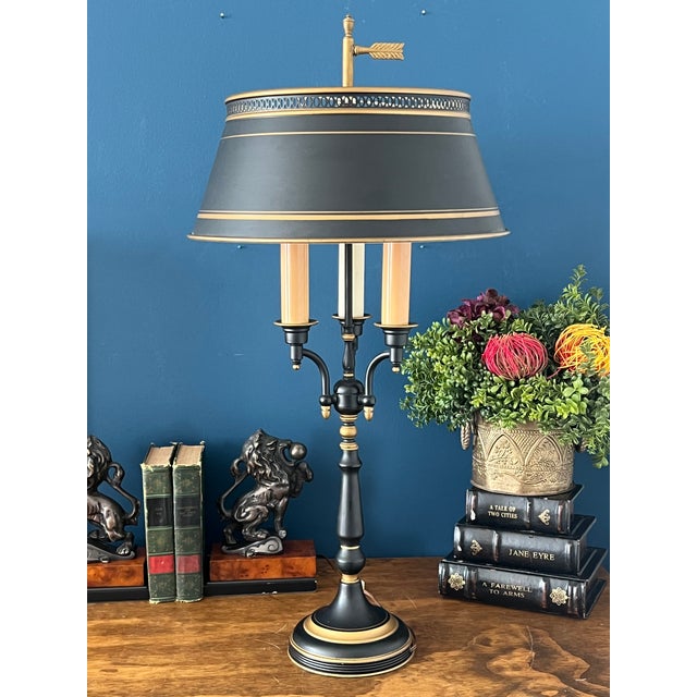 Vintage Bouillotte Table Lamp — Black Tole & Gilt Metal, Three-Light French Style, Circa 1970s For Sale In New York - Image 6 of 18