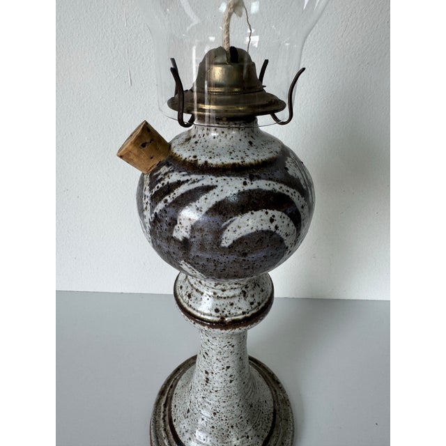 1980’s Vintage Handmade Studio Pottery Kerosene Lamp With Hurricane Glass Chimney – Signed Base – Speckled Earth Tone Glaze For Sale - Image 4 of 12
