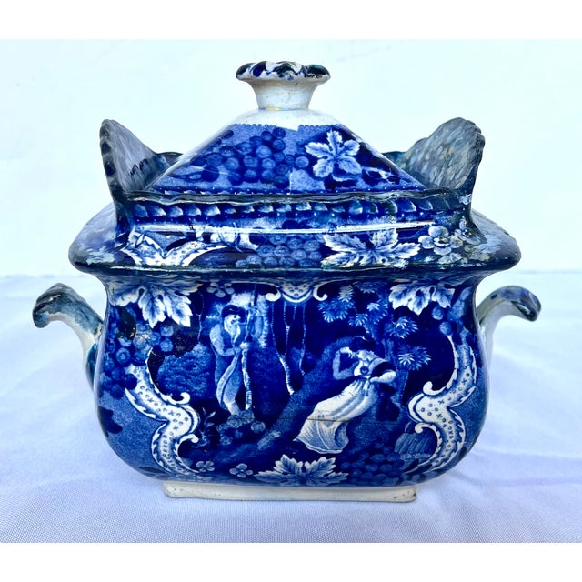 Antique Adams Staffordshire Historical Blue Transferware Covered Sugar Bowl, C. 1820s For Sale - Image 13 of 18