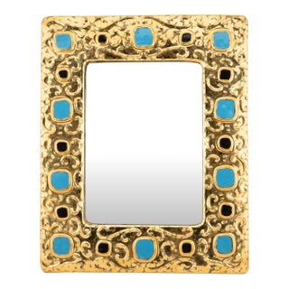 Francois Lembo Ceramic Mirror With Gold Crackle and Blue and Black Cabochons For Sale
