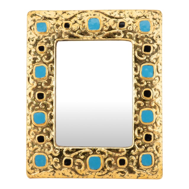 Francois Lembo Ceramic Mirror With Gold Crackle and Blue and Black Cabochons For Sale