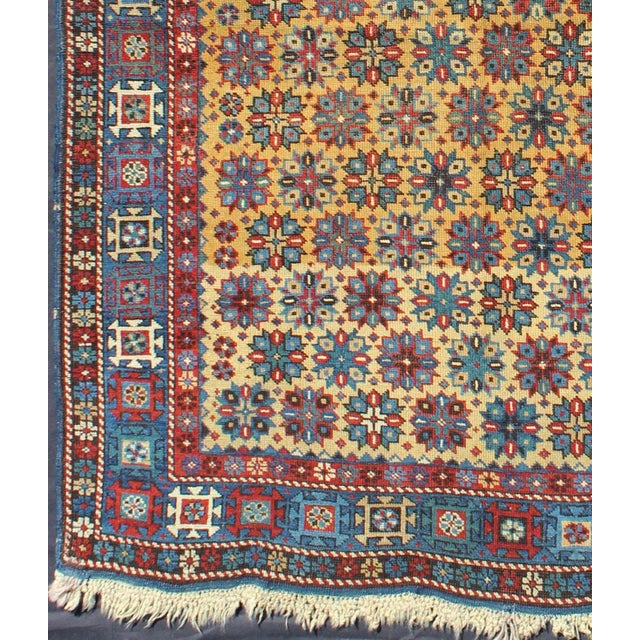 Persian Antique Caucasian Shirvan Rug in Yellow Background and Blue Border For Sale - Image 3 of 7