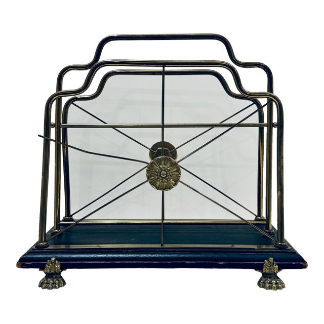 Vintage Glo-Mar Brass and Ebonized Wood Regency Magazine Rack For Sale