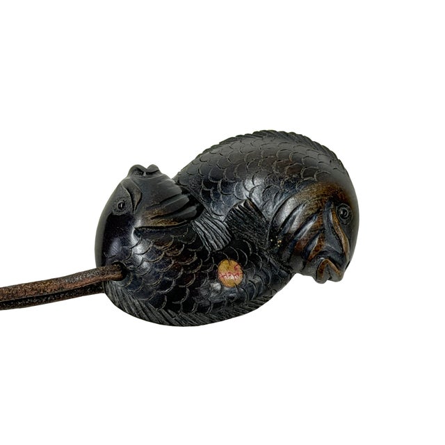 Vintage Red Lacquer Inro Koi Fishes Netsuke Wood Stack Case Deco For Sale - Image 11 of 11