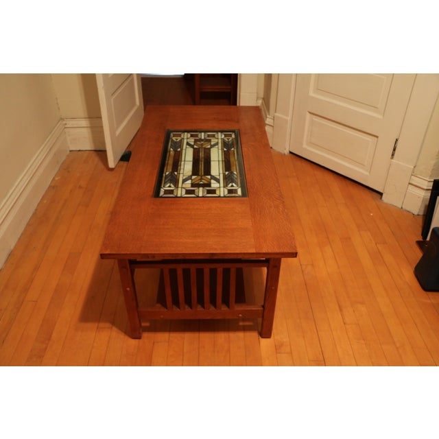 Arts & Crafts Early 21st Century Frank Lloyd Wright Inspired Solid Wood Coffee Table With Stained Glass Inset For Sale - Image 3 of 6