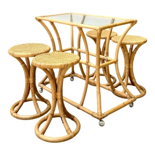 Vintage Rattan High Top Table With Coordinating Stools - Set of 5 For Sale