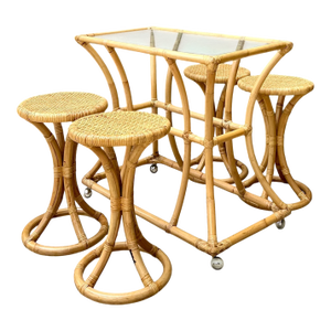 Vintage Rattan High Top Table With Coordinating Stools - Set of 5