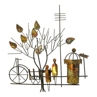 Vintage Enesco 3d Metal Wall Art Cityscape Bicycle, People, Advertising Column and Tree 1974 For Sale