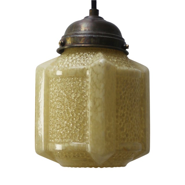 French Art Deco Yellow Reeded Clichy Glass Pendant Lamp For Sale