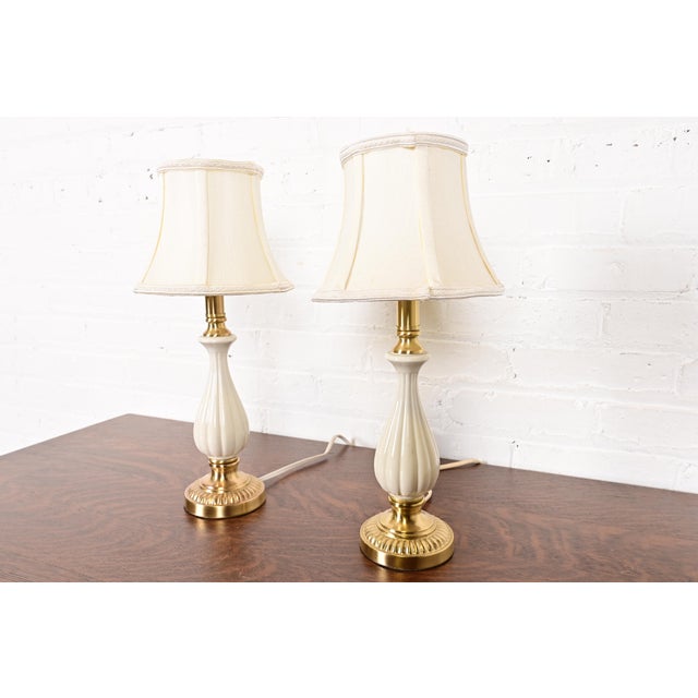 Mid-Century Modern Lenox Lighting by Quoizel Hollywood Regency Porcelain and Brass Table Lamps, Pair For Sale - Image 3 of 13