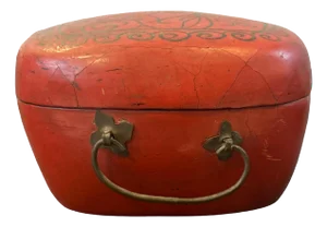 Antique Chinese Elm Wood Red Lacquer Hinged Dresser Box