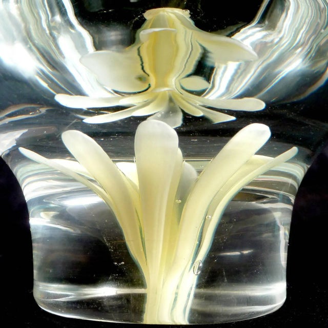 Glass Vintage Murano Fratelli Toso Yellow Blue Italian Art Glass Flower Design Paperweight Bowls Catchalls - A Pair For Sale - Image 7 of 9