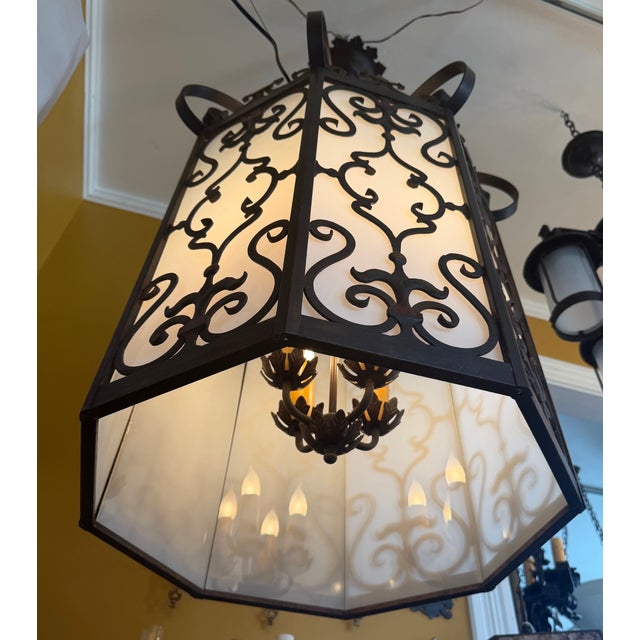 1920s Spanish Revival Wrought Iron Lantern Chandelier For Sale - Image 10 of 12