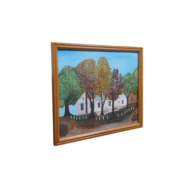 Vintage Margaret Skites folk art style oil painting on board. It depicts a long, white, rural building surrounded by...