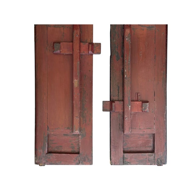 Pair Vintage Chinese Brown Fujian Style Carving Wood Wall Door Panels For Sale - Image 10 of 12