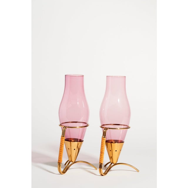 Swedish Brass, Rattan and Pale Amethyst Glass Candle Holders Set of 2