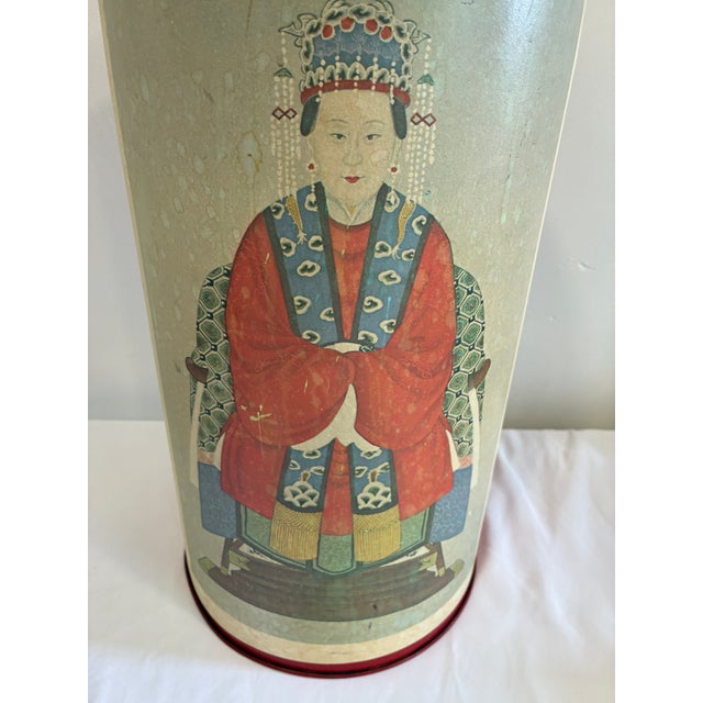 Vintage Chinoiserie Style Asian Paper Wrapped Umbrella Stand With Portrait Motif For Sale In Oklahoma City - Image 6 of 10