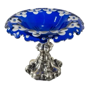 19th Century Blue to Clear Cut Glass Compote With Continental Silver Base