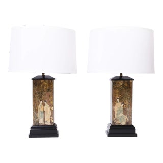 Pair of Vintage Eglomise Chinoiserie Table Lamps For Sale
