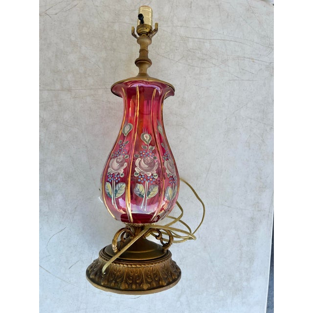 Vintage Floral Hand Painted Pink Glass Lamp For Sale In West Palm - Image 6 of 6