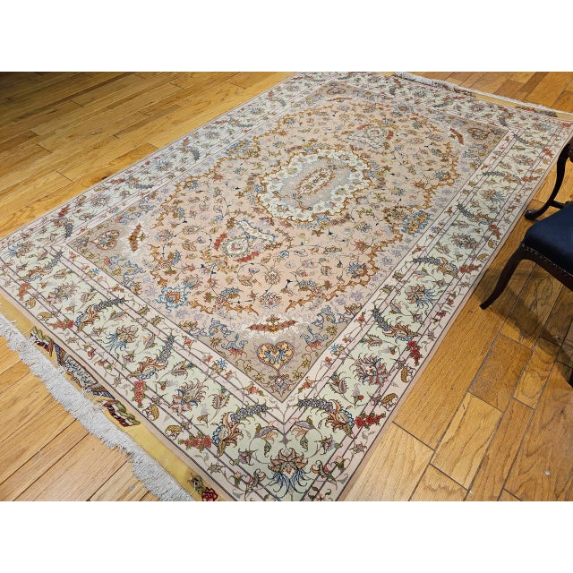 Beige Persian Tabriz Rug, Hand-Knotted Wool & Silk, Floral Design Taupe & Pale Green, 7x10 For Sale - Image 8 of 18