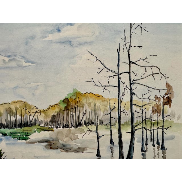 Rustic Henry Emil Salloch Original Watercolor on Paper Marshland Landscape, 1948. For Sale - Image 3 of 6