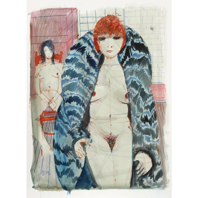 Charles Levier, Untitled - Nudes in Fur Ii, Watercolor on Paper, Signed For Sale